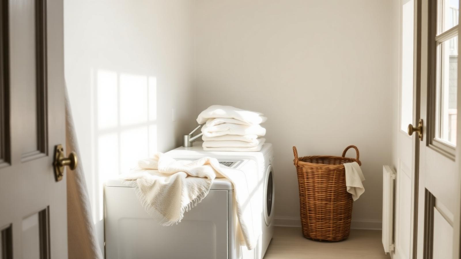 A sun-drenched laundry room with folded organic linens and a wicker basket